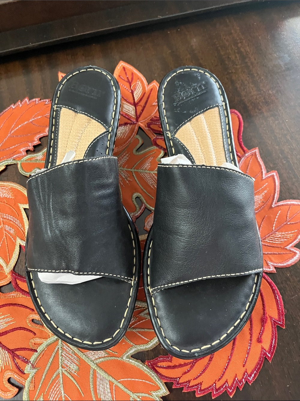 Born Black Leather Slide Sandals with Contrast Stitching
